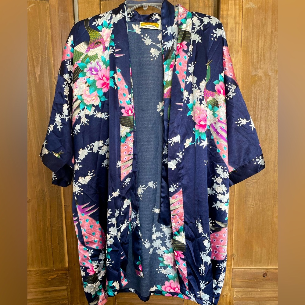 Oriental Village, Boho Silk Robe, One Size, Navy/ Pink